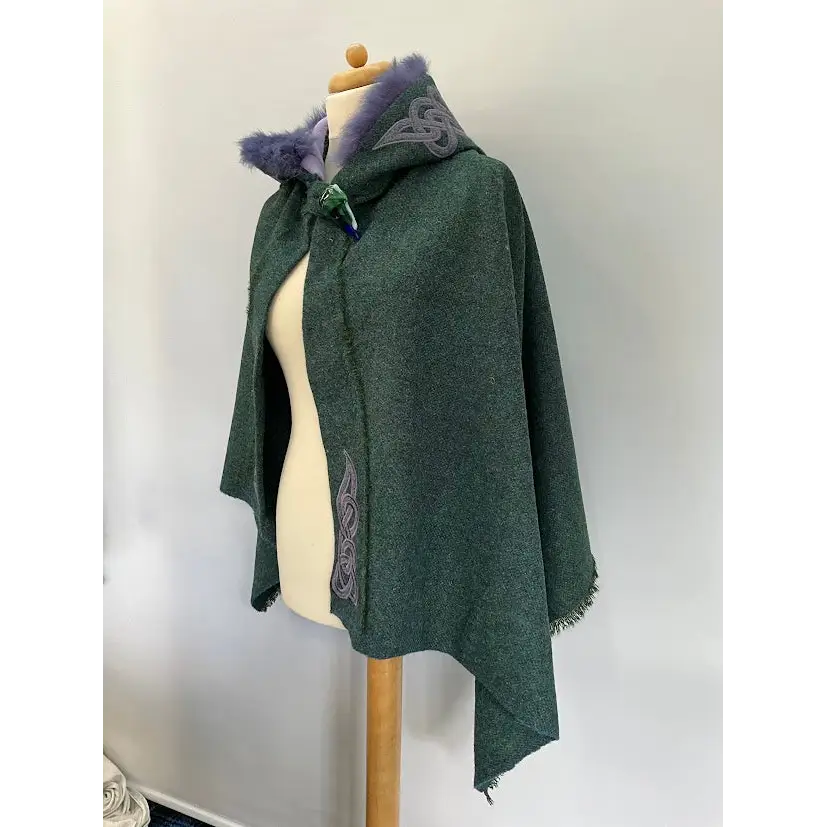 Harris Tweed Hebridean Hooded Cape - Dark Green with hints of teal - Cosy Essentials