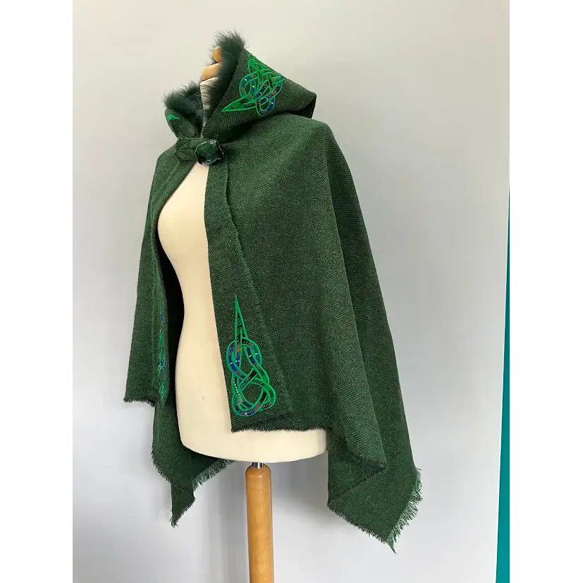 Harris Tweed Hebridean Hooded Cape - Green herringbone with Tartan applique - Cosy Essentials