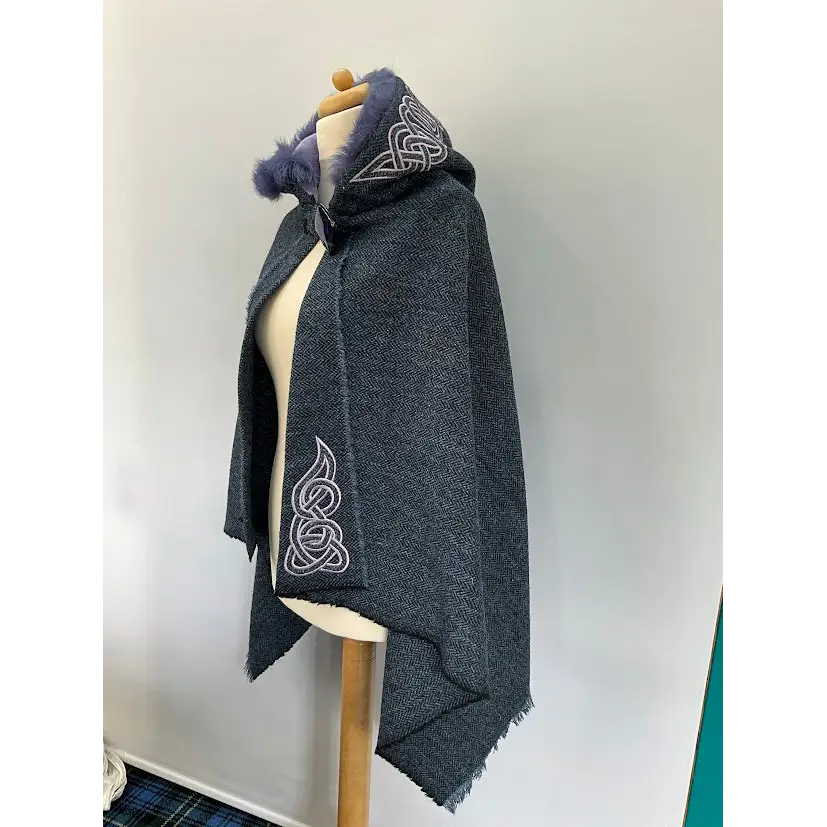 Harris Tweed Hebridean Hooded Cape - Navy & Black Herringbone - Cosy Essentials