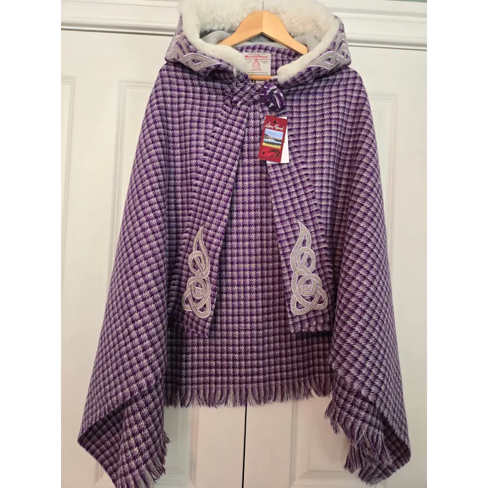 Harris Tweed Hebridean Hooded Cape - Purple Check with light grey hood - Cosy Essentials