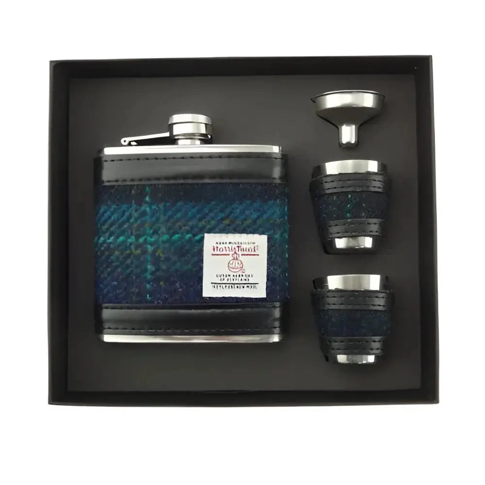 Harris Tweed Hip Flask Gift Set - Blue with Turquoise #119
