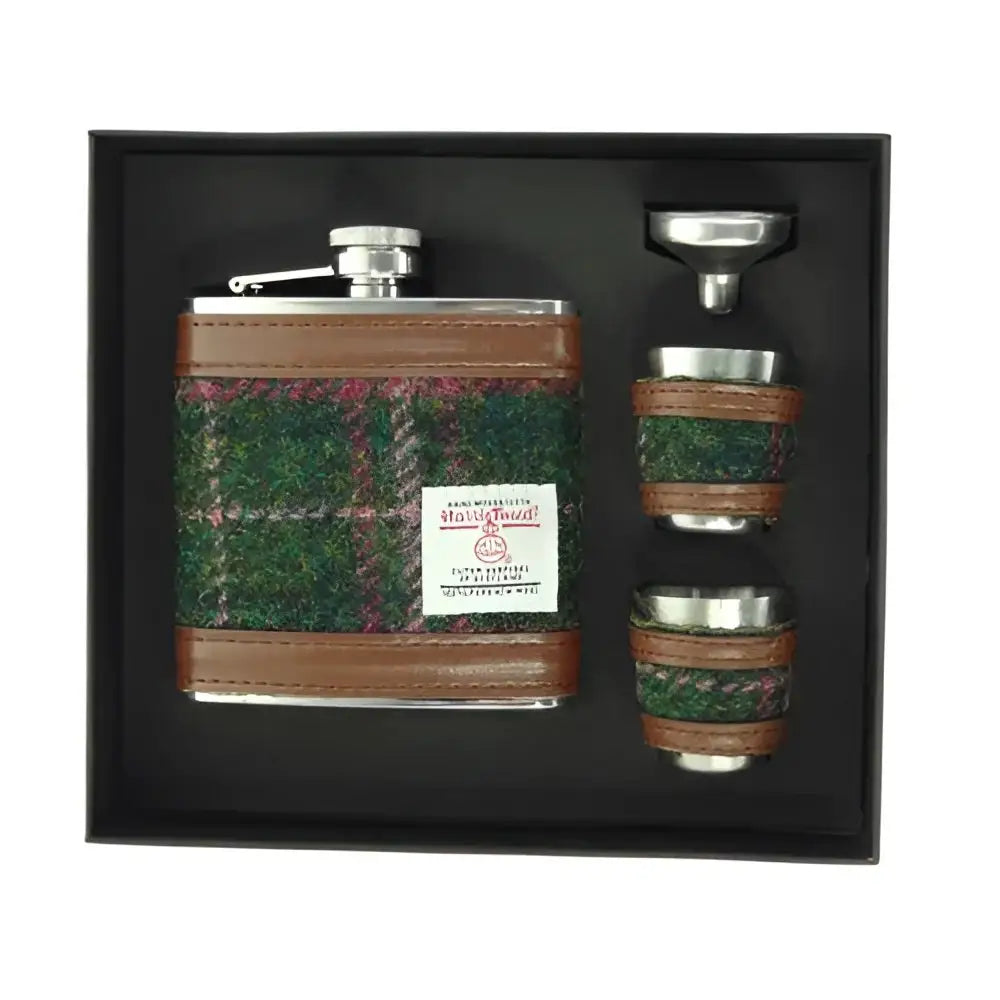 Harris Tweed Hip Flask Gift Set - Dark Green & Plum #107