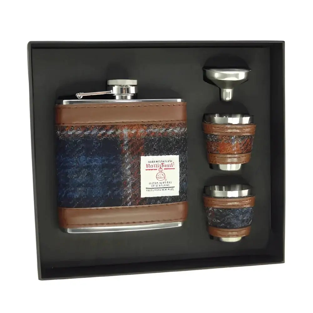 Harris Tweed Hip Flask Gift Set - Grey with Rust #127