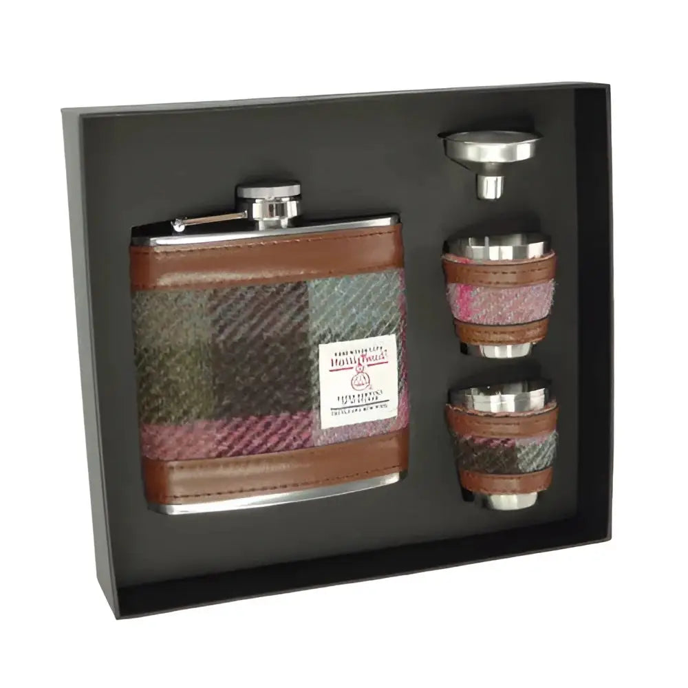 Harris Tweed Hip Flask Gift Set - Muted Green & Rose Pink #137