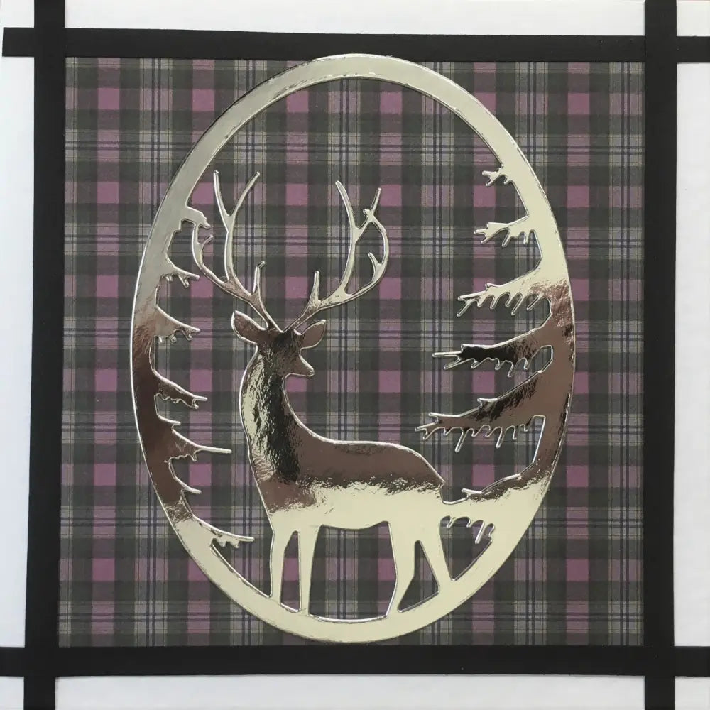 Highland Stag on Gray & Purple Tartan Card - Scottish Art