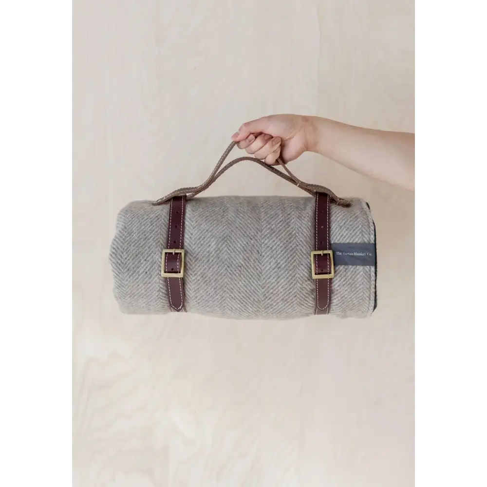 Picnic Blanket in Black Watch Tartan - Brown Leather