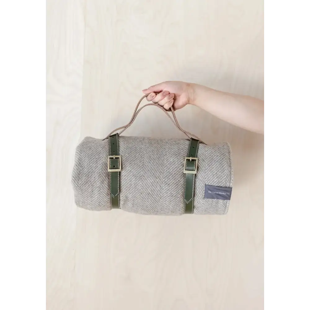 Picnic Blanket in Black Watch Tartan - Olive Leather