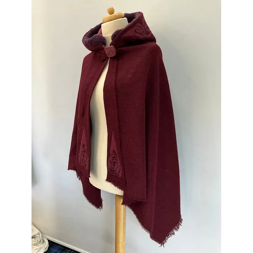 Harris Tweed Hebridean Hooded Cape - Burgundy/rose burgundy herringbone applique - Cosy Essentials