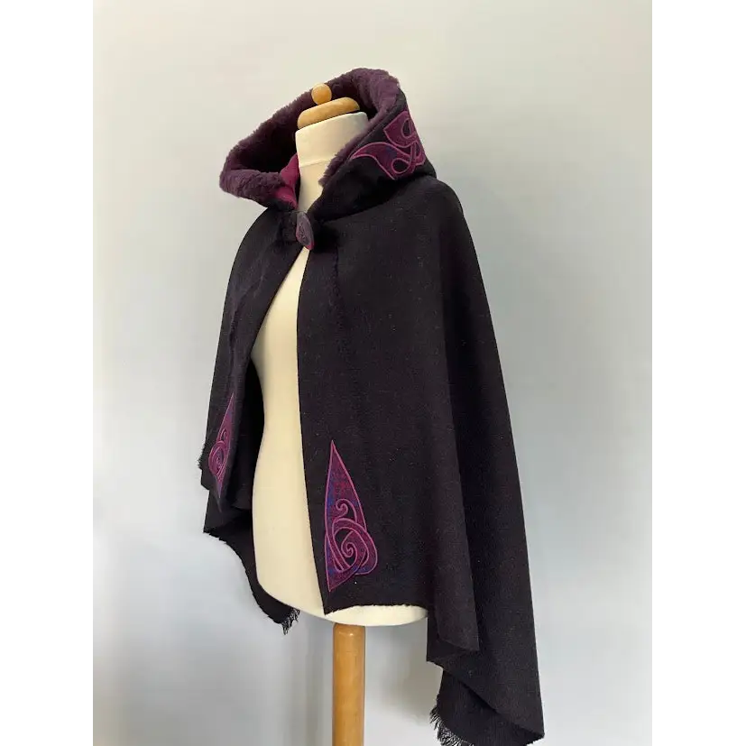 Harris Tweed Hebridean Hooded Cape - Dark Plum and Sheepskin trim - Cosy Essentials