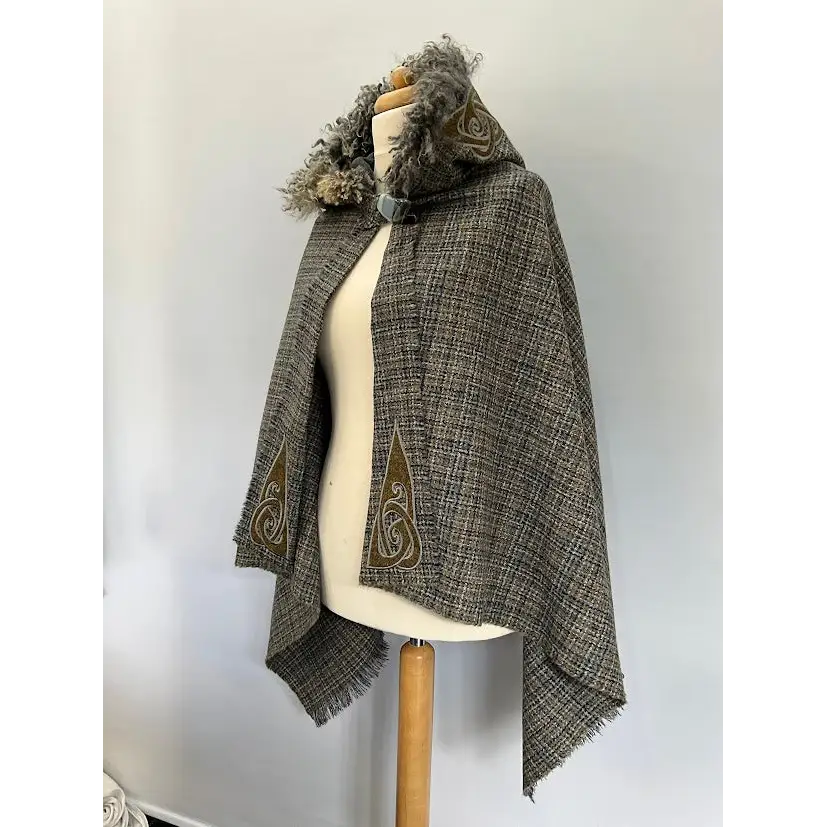 Harris Tweed Hebridean Hooded Cape - Tiny random check in Grey/Cream/Mustard/Charcoal - Cosy Essentials