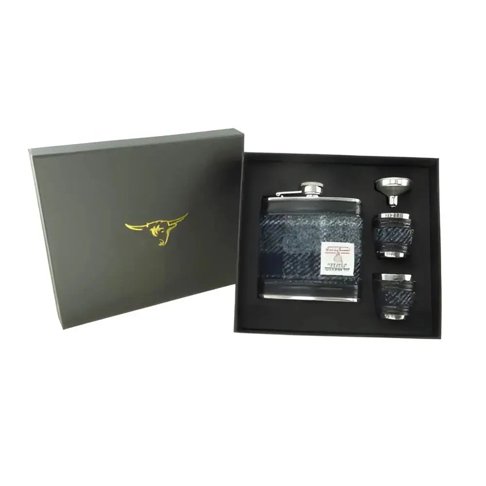 Harris Tweed Hip Flask Gift Set - Grey with Black #095