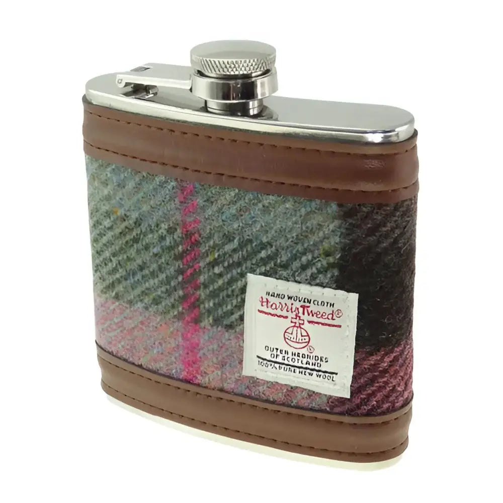 Harris Tweed Hip Flask - Muted Green & Rose Pink #137