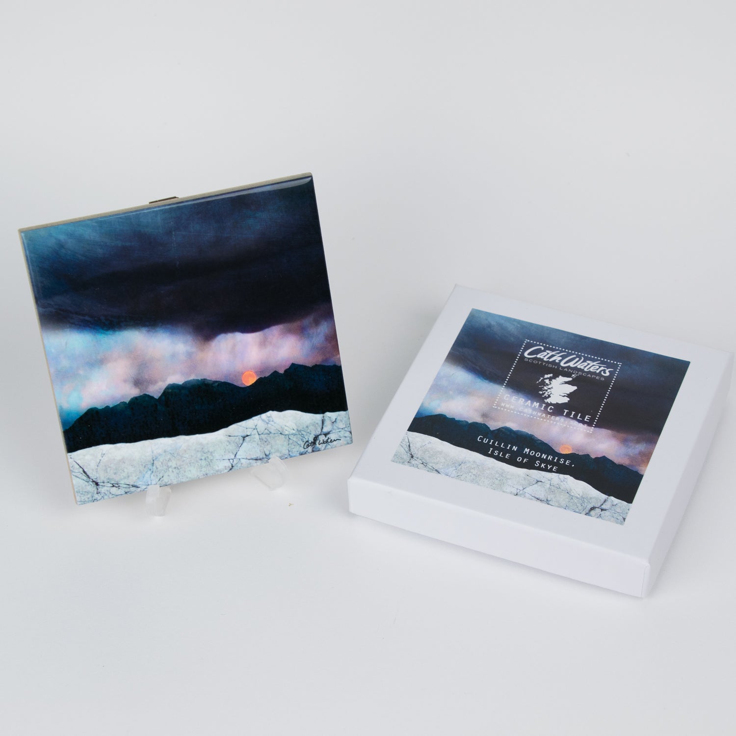 The Strawberry Moonrise over the Cuillins, Isle of Skye Ceramic Tile | Cath Waters | Scottish Creations