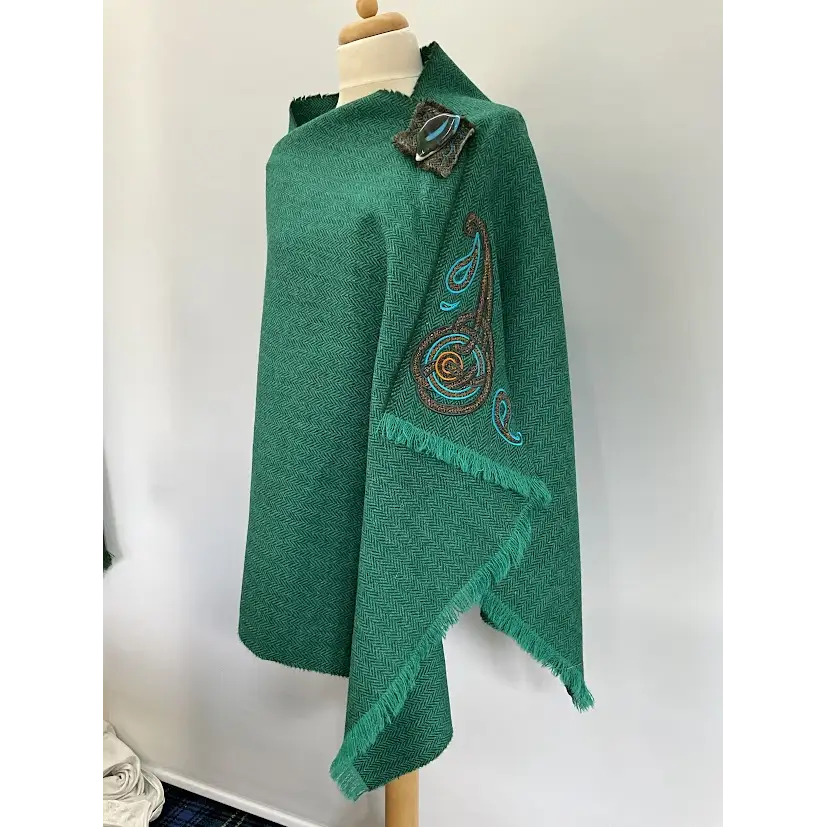 The Tweed Buttoned Wrap - Deep Jade/bottle herringbone - Cosy Essentials